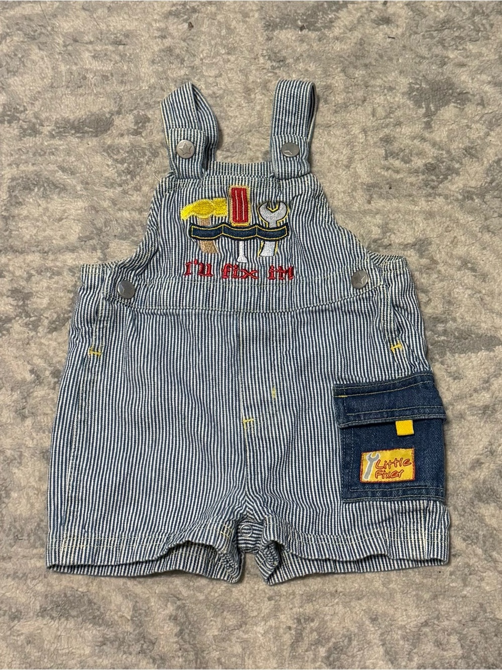 Fisher Price Baby Overalls 12M Navy Pinstripe Little Fixer Tool Embroidered
